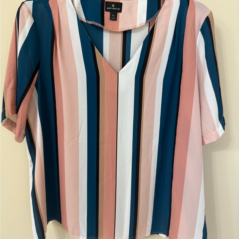 Worthington Multicolor Striped Blouse - Pink, Blue, White